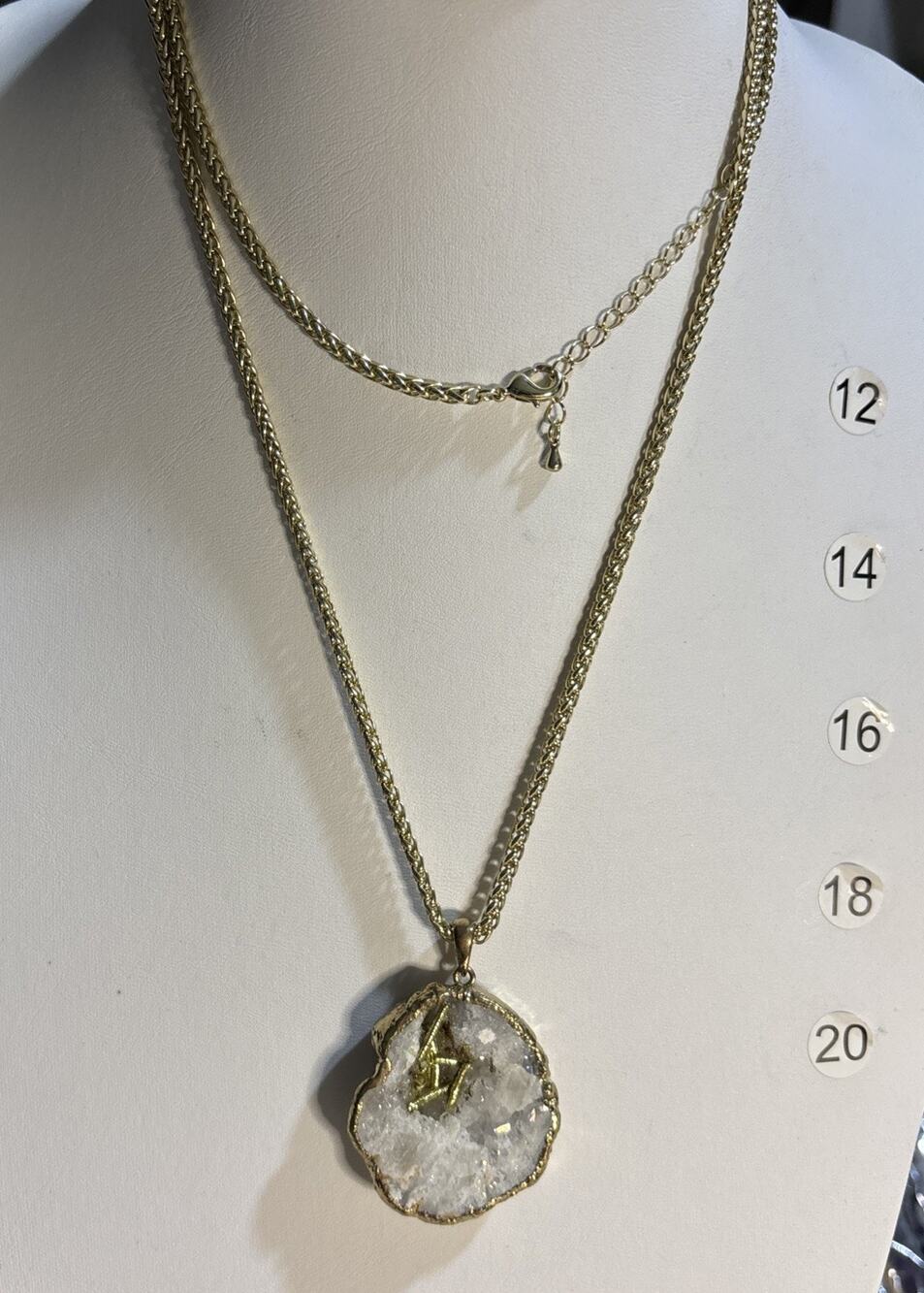 Gold Tone White Druzy Style Pendant Necklace Geometric Accent Long Chain